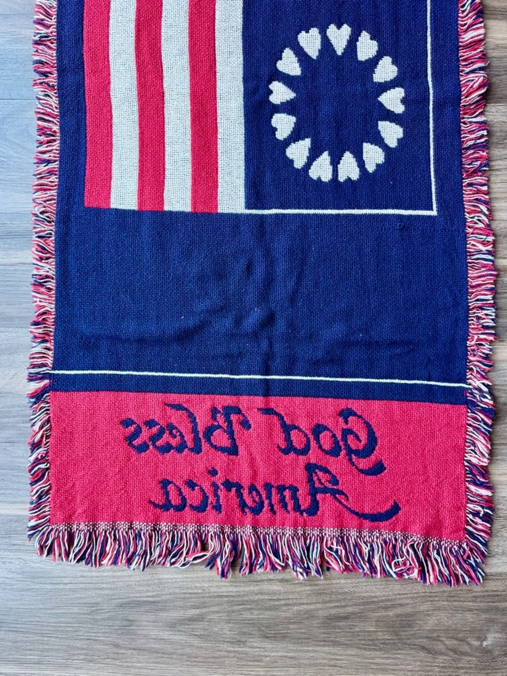 Vintage Americana God Bless America Woven Cotton Fringe Tapestry Wall Decor